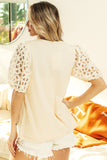 Round Neck Top with Flower Lace Puff Sleeve
