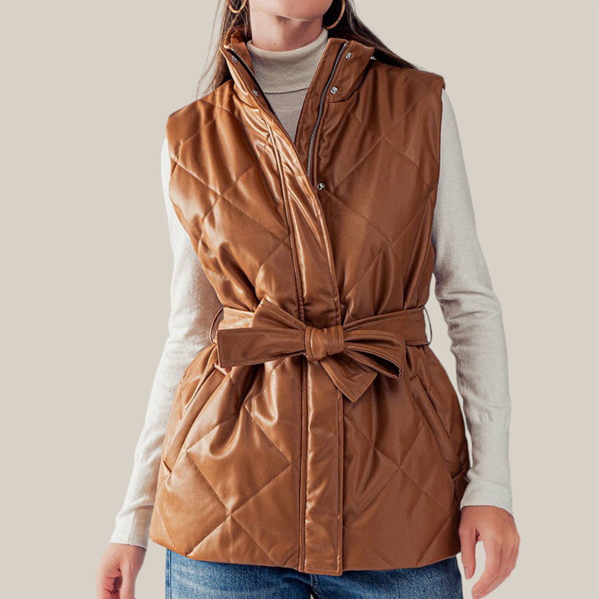 Belted Faux Leather Diamond Quilted Puffer Vest
