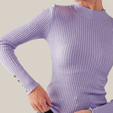 Fitted Ribbed Cable Knit Button Sleeve Sweater
