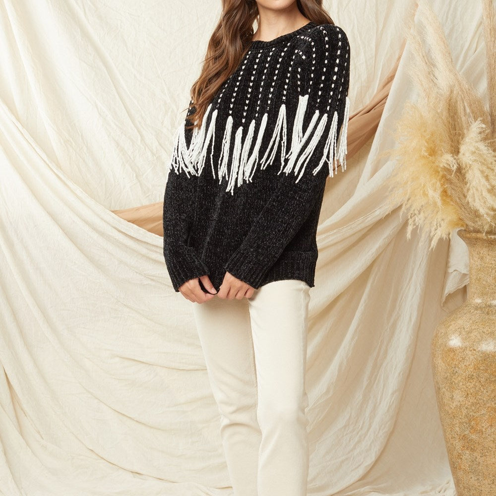 SALE Mitchell Chenille Chevron Fringe Sweater