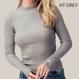 Fitted Ribbed Cable Knit Button Sleeve Sweater