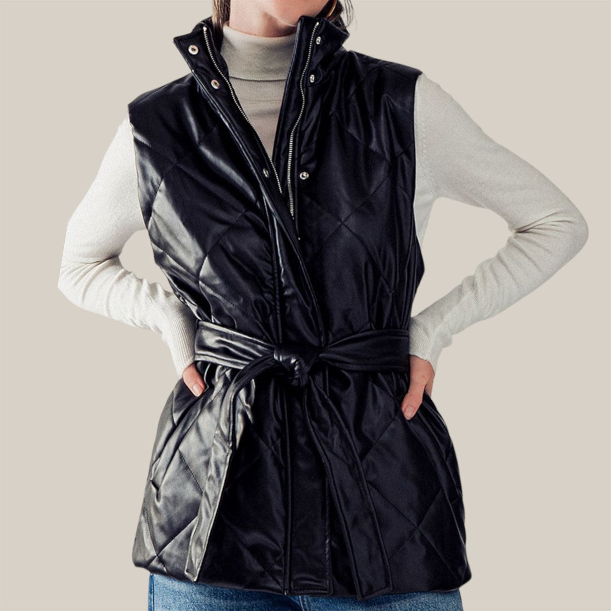 Belted Faux Leather Diamond Quilted Puffer Vest