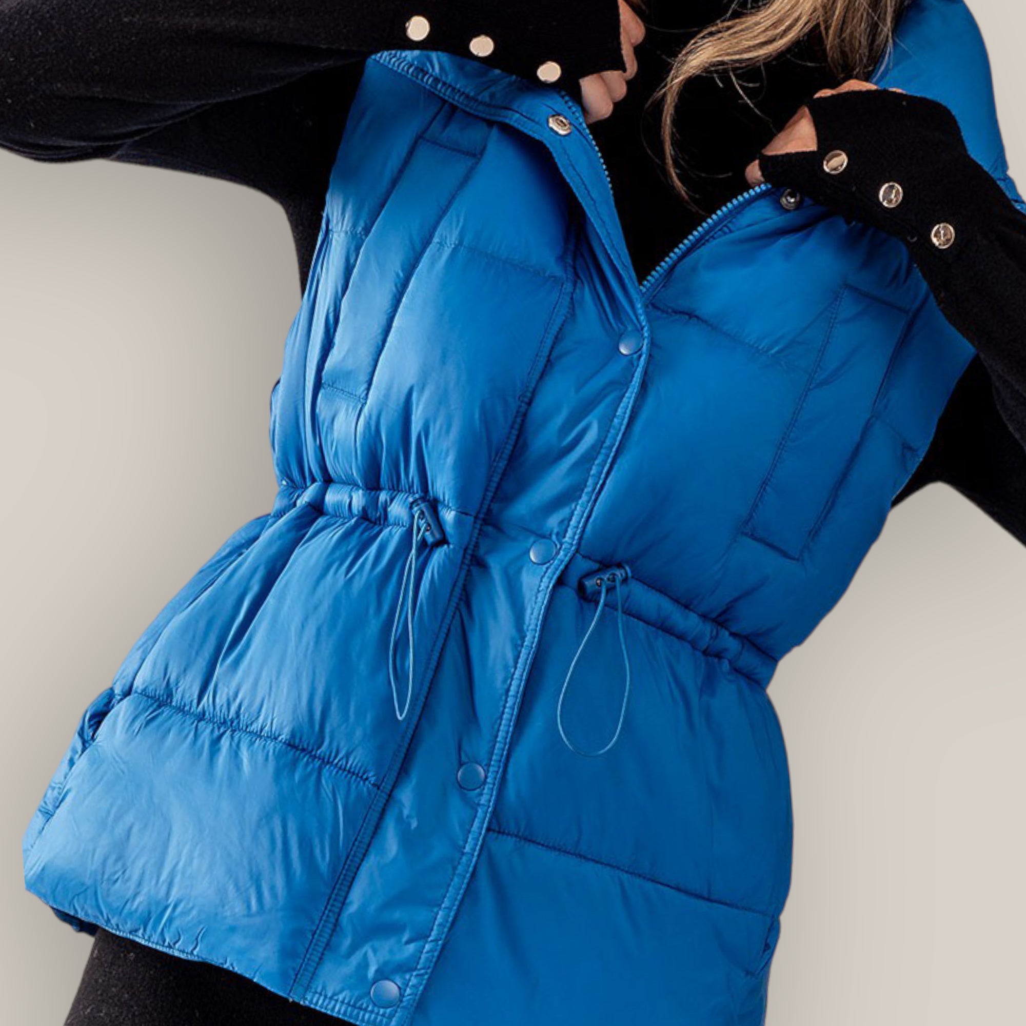 Zip Up Button Puffer Vest with Waist Toggles