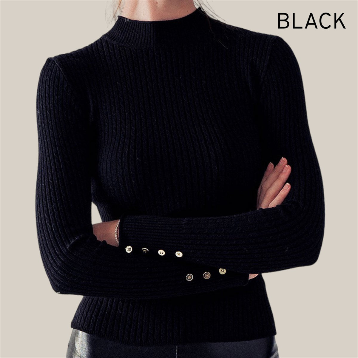 Fitted Ribbed Cable Knit Button Sleeve Sweater