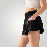 Elastic Waistband Side Pockets Wide Leg Shorts