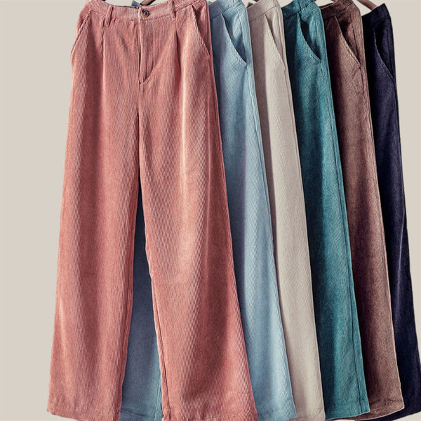 Women Button Up Pocket Corduroy Pants, Ruffle Trim Elastic Waist