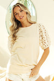 Round Neck Top with Flower Lace Puff Sleeve