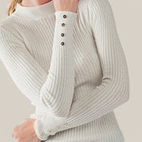 Fitted Ribbed Cable Knit Button Sleeve Sweater